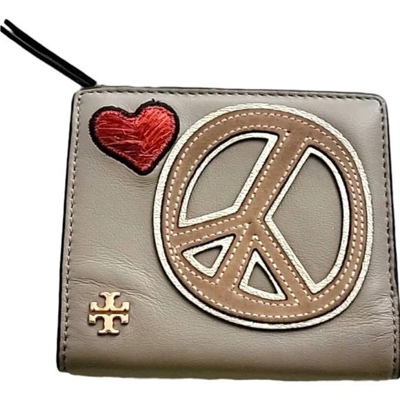 Tory Burch Mini Wallet Peace Sign Heart Embroid Brown Gray Leather 6 Card Slots